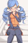  ace_trainer_(pokemon) belt between_legs black_legwear black_shirt black_skirt blue_eyes blue_hair blush breasts clenched_hand commentary_request drill_hair embarrassed hair_tie half-closed_eyes hand_between_legs hand_up have_to_pee knees_together_feet_apart long_hair long_sleeves looking_down muroi_(fujisan0410) nose_blush npc_trainer orange_vest pantyhose pleated_skirt poke_ball poke_ball_(generic) pokemon pokemon_(game) pokemon_bw shiny shiny_hair shirt sitting skirt small_breasts solo stairs tears tied_hair translated trembling twin_drills twintails 