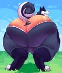  2018 ambiguous_gender anthro big_butt butt butt_focus canine carmine_(ns22_highwater) clothing dog hand_behind_head huge_butt looking_back malamute mammal obese oreocakes outside overweight rear_view solo standing thick_thighs tight_clothing torn_bottomwear underwear wardrobe_malfunction 