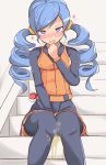  ace_trainer_(pokemon) belt between_legs black_legwear black_shirt black_skirt blue_eyes blue_hair blush breasts clenched_hand commentary_request drill_hair embarrassed hair_tie half-closed_eyes hand_between_legs hand_up have_to_pee knees_together_feet_apart long_hair long_sleeves looking_at_viewer muroi_(fujisan0410) nose_blush npc_trainer open_mouth orange_vest pantyhose peeing peeing_self pleated_skirt poke_ball poke_ball_(generic) pokemon pokemon_(game) pokemon_bw shiny shiny_hair shirt sitting skirt small_breasts solo stairs steam tied_hair translated twin_drills twintails 