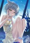  animal_ears ass bangs blunt_bangs blush cat_ears closed_mouth dress dress_swimsuit embarrassed eyebrows_visible_through_hair hinot looking_at_viewer niyah short_hair silver_hair simple_background smile solo spoilers swimsuit xenoblade_(series) xenoblade_2 yellow_eyes 
