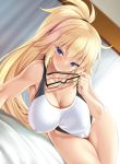  armpits bangs bed_sheet black-framed_eyewear blonde_hair blue_eyes blush breasts cameltoe cleavage closed_mouth collarbone commentary_request covered_nipples eyebrows_visible_through_hair eyewear_removed fate/grand_order fate_(series) glasses groin hair_between_eyes hair_tie highres holding holding_eyewear indoors jeanne_d'arc_(fate)_(all) jeanne_d'arc_(swimsuit_archer) kure_masahiro large_breasts long_hair looking_at_viewer lying on_bed on_side one-piece_swimsuit ponytail sidelocks smile solo sweatdrop swimsuit thighs white_swimsuit 