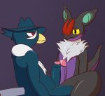  2018 avian bird blush dabelette digital_media_(artwork) dragon frottage fur honchkrow male male/male nintendo noivern penis pok&eacute;mon pok&eacute;mon_(species) precum sex simple_background sitting spread_legs spreading uncut video_games 