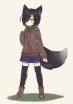  animal_ear_fluff animal_ears artist_name black_hair black_legwear blue_skirt boots brown_footwear brown_hoodie commentary_request dog_ears dog_tail dokumi expressionless full_body hair_over_one_eye highres hood hoodie long_sleeves miniskirt neck_warmer original short_hair signature simple_background skirt sleeves_past_wrists tail thighhighs yellow_eyes zettai_ryouiki 