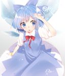  1girl :o abe_suke absurdres arm_up bangs blue_bow blue_dress blue_eyes blue_hair blue_nails bow bracelet cirno collared_shirt commentary_request dress eyebrows_visible_through_hair fingernails hair_between_eyes hair_bow highres ice ice_wings jewelry nail_polish open_mouth pleated_dress puffy_short_sleeves puffy_sleeves red_bow red_ribbon ribbon round_teeth shirt short_sleeves signature sleeveless sleeveless_dress solo sparkle star teeth touhou upper_teeth white_shirt wings 