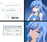  blue_hair blush breasts chrome_(browser) commentary doyagao english english_commentary gloves google google_chrome hair_ornament hairclip hinghoi internet_explorer large_breasts loading_screen long_hair looking_at_viewer meme monitor open_mouth original os-tan personification sad shaded_face shiny shiny_skin side_ponytail smile smirk solo white_gloves window_(computing) 