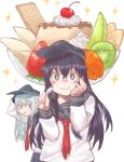  2girls akatsuki_(kantai_collection) anchor_symbol az_toride black_hair black_sailor_collar black_skirt blue_eyes cherry commentary eating flat_cap food fruit hand_on_own_face hat hibiki_(kantai_collection) holding holding_spoon kantai_collection long_hair looking_at_viewer mouth_hold multiple_girls neckerchief pleated_skirt pudding purple_eyes red_neckwear sailor_collar school_uniform serafuku silver_hair simple_background skirt sparkle spoon upper_body white_background 