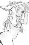  1girl adjusting_headwear arched_back blush bow braid breasts collagen cowboy_shot creatures_(company) eyebrows_visible_through_hair female from_side game_freak greyscale hands_up hat hat_bow lillie_(pokemon) long_hair looking_at_viewer monochrome nintendo nipples nude pokemon pokemon_(game) pokemon_sm shiny shiny_skin simple_background small_breasts solo standing sun_hat tied_hair twin_braids white_background 