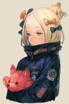  abigail_williams_(fate/grand_order) alternate_hairstyle bandaid_on_forehead bangs belt black_bow black_jacket blonde_hair blue_eyes bow fate/grand_order fate_(series) forehead hair_bow hair_bun hankuri heroic_spirit_traveling_outfit high_collar holding holding_stuffed_animal jacket long_hair looking_at_viewer orange_bow parted_bangs polka_dot polka_dot_bow sleeves_past_fingers sleeves_past_wrists solo stuffed_animal stuffed_toy teddy_bear 