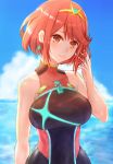  bangs black_swimsuit breasts earrings fingerless_gloves gloves headpiece highres homura_(xenoblade_2) jewelry large_breasts looking_at_viewer one-piece_swimsuit red_eyes red_hair saito_(pigrank) short_hair sidelocks simple_background solo swept_bangs swimsuit tiara xenoblade_(series) xenoblade_2 
