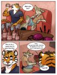  2018 alcohol anthro beer beverage blue_eyes bra bubbeh canine clothed clothing comic coyote digital_media_(artwork) duo feline fur karnal male mammal orange_fur tan_fur text tiger underwear zeek 