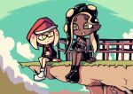  2018 animal_humanoid beauty_mark black_hair boots brown_skin cephalopod cephalopod_humanoid clothing digital_media_(artwork) duo female fingerless_gloves footwear gloves green_eyes hair hi_res humanoid inkling light_skin long_hair marina_(splatoon) marine midriff navel nintendo octoling off_the_hook_(splatoon) pearl_(splatoon) pink_hair setzeri short_hair sitting splatoon splatoon_2 tentacle_hair tentacles video_games yellow_eyes 