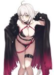  ahoge bikini black_bikini black_cape black_choker breasts cape choker cleavage collarbone commentary_request eyebrows_visible_through_hair fate/grand_order fate_(series) fur_collar hair_between_eyes jeanne_d'arc_(alter_swimsuit_berserker) jeanne_d'arc_(fate)_(all) large_breasts long_hair michihasu o-ring o-ring_bikini o-ring_bottom o-ring_top open_mouth silver_hair simple_background solo swimsuit thigh_strap white_background yellow_eyes 