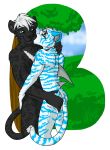  2011 amocin anthro digital_media_(artwork) duo eye_contact feline fur grass hair jaguar kissing male male/male mammal nude outside storm-tiger striped_fur stripes tiger tree 