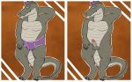  2018 alligator andrew_(deminothedragon) anthro balls belly bulge claws clothed clothing crocodilian digital_media_(artwork) dolar erection eyewear feet glasses hair humanoid_penis male nude penis reptile scalie simple_background slightly_chubby small_penis smile solo toe_claws toes underwear 