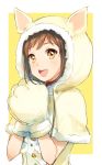  :d animal_hood bang_dream! bangs brown_eyes brown_hair dog_hood fur-trimmed_gloves fur-trimmed_hood fur_trim gloves hands_together hazawa_tsugumi highres hood hood_up komachi_narota looking_at_viewer open_mouth paw_gloves paws pom_pom_(clothes) round_teeth short_hair smile solo teeth upper_body upper_teeth yellow_background 