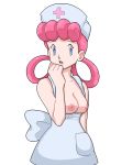  1girl apron bare_shoulders blue_eyes breasts breasts_outside clenched_hand collarbone creatures_(company) female game_freak hair_rings hand_up hat hisafumi joy_(pokemon) looking_to_the_side medium_breasts nintendo nipples nurse_cap open_mouth pink_hair pokemon pokemon_(anime) pokemon_(classic_anime) shiny shiny_hair solo tied_hair transparent_background white_apron white_hat 