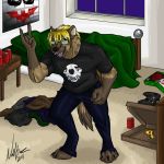  2011 amocin anthro bed cans claws clothed clothing digital_media_(artwork) fangs food fur hair hyena inside joke_(character) male mammal open_mouth paws pizza skull smile solo teeth video_games 