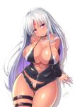  ass_visible_through_thighs azur_lane bare_shoulders bikini_top black_jacket blush breasts c.r. cleavage commentary_request curvy dark_skin facial_mark forehead_mark jacket large_breasts long_hair long_sleeves looking_at_viewer massachusetts_(azur_lane) micro_shorts multicolored_hair native_american navel open_clothes open_fly open_mouth pubic_tattoo red_eyes shorts silver_hair solo swimsuit tattoo thigh_strap 