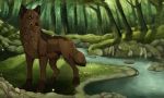  2014 black_nose brown_fur canine day detailed_background digital_media_(artwork) feral forest fur heterochromia mammal maplespyder outside paws solo standing tree wolf 