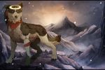  2014 ambiguous_gender black_bars blue_eyes brown_fur canine day digital_media_(artwork) dog feral fur mammal maplespyder no_sclera outside paws sky smile solo standing white_fur 