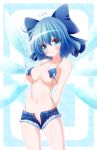  1girl alternate_breast_size arms_behind_back bare_shoulders bikini_top blue_eyes blue_hair blush bow breast_expansion breasts cirno collarbone eyebrows_visible_through_hair eyes_visible_through_hair front-tie_top hair_between_eyes hair_bow highres large_bow large_breasts looking_at_viewer medium_hair navel open_mouth osashin_(osada) short_shorts shorts solo stomach touhou unbuttoned untied_bikini_top wings 