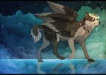  2014 ambiguous_gender black_bars blue_eyes brown_feathers brown_fur brown_nose canine digital_media_(artwork) feathered_wings feathers feral fur hybrid mammal maplespyder paws solo standing water wings wolf 