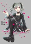  1girl :d bekkourico black_bow black_dress black_footwear black_legwear blush bow character_name choker collarbone dress drill_hair frilled_sleeves frills full_body grey_background grey_hair hair_between_eyes hair_bow idolmaster idolmaster_cinderella_girls kanzaki_ranko long_hair long_sleeves looking_at_viewer open_mouth pantyhose red_eyes short_dress simple_background sitting smile solo twin_drills 