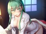  all_fours ass bangs blush breasts cleavage collarbone collared_shirt commentary desk_lamp eyebrows_visible_through_hair eyes_visible_through_hair green_eyes green_hair groin hair_ornament hairclip half-closed_eyes indoors kantai_collection lamp large_breasts long_hair looking_at_viewer naked_shirt night on_bed open_clothes open_mouth open_shirt pallad shirt sidelocks solo suzuya_(kantai_collection) under_covers white_shirt window 