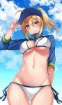  ahoge artoria_pendragon_(all) baseball_cap bikini blonde_hair blue_eyes blue_hat blue_sky blush breasts closed_mouth cloud day eyebrows_visible_through_hair fate/grand_order fate_(series) hair_through_headwear harimoji hat large_breasts looking_at_viewer mysterious_heroine_xx_(foreigner) navel ponytail short_hair shrug_(clothing) side-tie_bikini sky solo swimsuit white_bikini zipper 