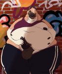  2018 animal_genitalia animal_penis anthro balls belly big_belly black_nose brown_fur canine canine_penis clothed clothing cum digital_media_(artwork) dog fur german_shepherd holding_belly holding_penis male mammal masturbation morbidly_obese multi_nipple navel nipples obese obese_male oreocakes overweight overweight_male penis purple_eyes solo standing thick_thighs tongue tongue_out 