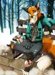  2018 4_toes 5_fingers anthro black_nose canine clothed clothing detailed_background digital_media_(artwork) forest fox fur heterochromia male mammal orange_fur sitting smile solo toes tree wolflady 