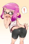  ! 1girl ass bare_shouders bent_over bike_shorts blush brown_eyes cameltoe collagen domino_mask ear_blush fangs female from_behind hand_on_own_face hand_up inkling looking_back mask midriff nintendo nose_blush open_mouth pink_hair pointy_ears shiny shiny_clothes shiny_hair shiny_skin shirt short_hair sleeveless sleeveless_shirt solo speech_bubble splatoon spoken_exclamation_mask standing surprised sweat teeth tentacle_hair tongue undershirt watch white_shirt wristwatch 