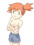  1girl aliasing blue_shorts breasts cowboy_shot creatures_(company) crossed_arms denim denim_shorts female from_above game_freak green_eyes hair_tie hisafumi kasumi_(pokemon) looking_up nintendo orange_hair pokemon pokemon_(anime) pokemon_(classic_anime) shiny shiny_hair short_hair short_shorts shorts side_ponytail small_breasts smile solo standing tied_hair topless transparent_background 