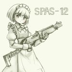  apron bow bowtie closed_mouth eyebrows_visible_through_hair frills grey_background greyscale gun highres holding holding_gun holding_weapon juliet_sleeves long_sleeves maid maid_apron maid_headdress monochrome original pas_(paxiti) puffy_sleeves short_hair shotgun simple_background solo spas-12 standing trigger_discipline weapon 