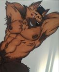  abs alejandrogsd_(artist) anthro armpit_hair brown_fur canid canine canis dog fur german_shepherd grin hands_behind_head hat male mammal muscular muscular_male nipples nude pecs pubes smile solo traditional_media_(artwork) 