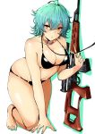  absurdres agetama ahoge all_fours anklet aqua_hair collar dragunov_svd gun hidan_no_aria highres jewelry leash nail_polish orange_eyes reki_(hidan_no_aria) rifle short_hair skindentation sniper_rifle solo swimsuit weapon white_background 