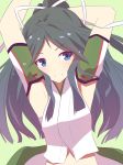  arm_behind_head armpits arms_up black_hair blue_eyes breasts commentary_request green_background highres kantai_collection katsuragi_(kantai_collection) long_hair small_breasts smile solo twinameless 
