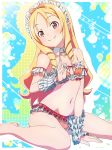  arm_strap barefoot between_legs bikini blonde_hair bow breasts choker cleavage collarbone drill_hair eromanga_sensei eyebrows_visible_through_hair frilled_bikini frills hair_bow hand_between_legs head_tilt highres long_hair looking_at_viewer navel orange_bikini orange_bow pink_x pointy_ears red_eyes red_ribbon ribbon shiny shiny_hair sitting small_breasts smile solo striped striped_bow swimsuit twin_drills vertical-striped_bikini vertical_stripes very_long_hair wariza wrist_cuffs yamada_elf 