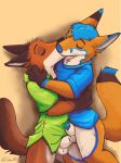  animal_genitalia anthro balls blue_markings bottomless canine chuofox clothed clothing dipstick_tail disney eyes_closed fire_the_fox fox french_kissing fur kissing male male/male mammal markings multicolored_fur multicolored_tail nick_wilde penis sheath shirt simple_background two_tone_fur zootopia 