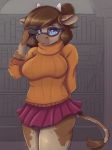  adjusting_glasses ardail big_breasts big_butt blue_eyes blush bookshelf bovine breasts brown_hair brown_skin butt cattle clothed clothing cosplay embarrassed eyewear female glasses hair hand_behind_back horn inside legs_together long_tail looking_at_viewer mammal miniskirt mochalatte multicolored_skin orange_sweater red_skirt scooby-doo_(series) shiny_eyes shiny_hair shiny_skin simple_background skirt snout standing sweater thick_thighs turtleneck_sweater two_tone_skin velma_(scooby-doo) 