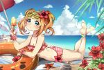  barefoot beach bikini blonde_hair blush clouds flowers green_eyes ice_cream idolmaster idolmaster_cinderella_girls ponytail sky swimsuit tagme_(artist) takatsuki_yayoi umbrella water 