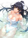  animal_ears arm_support azur_lane bare_shoulders black_hair blush bow breasts casual_one-piece_swimsuit center_opening cleavage collarbone commentary_request cowboy_shot criss-cross_halter curvy dog_ears eyebrows_visible_through_hair groin hair_between_eyes hair_bow hair_ears hair_flaps halterneck happa_(cloverppd) highleg highleg_swimsuit large_breasts light_smile lips looking_at_viewer navel_cutout one-piece_swimsuit pink_lips ponytail ribbon shiny shiny_skin sitting solo swimsuit takao_(azur_lane) thighs white_bow white_ribbon white_swimsuit yellow_eyes 