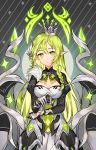  absurdres alternate_costume braid breasts chess_piece cleavage closed_mouth crown cyg38801 elf elsword eyebrows_visible_through_hair gem gloves green_eyes green_hair highres holding long_hair long_sleeves pointy_ears rena_(elsword) ribbon white_gloves 
