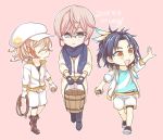  3boys :d artist_name black_gloves blonde_hair blue_eyes blue_hair boots braid bucket closed_eyes dated feathers glasses gloves hair_feathers hat jacket kikkou_sadamune male_focus moegi_(honey_122) monoyoshi_sadamune multiple_boys open_mouth pink_background rope scarf shorts smile taikogane_sadamune touken_ranbu track_jacket walking white_gloves yellow_eyes 