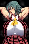  amazon_(taitaitaira) armpits arms_behind_head blush breasts bursting_breasts green_hair highres huffing huge_breasts impossible_clothes kazami_yuuka necktie open_mouth plaid plaid_vest red_eyes saliva saliva_trail shirt sweat tongue touhou vest white_shirt yellow_neckwear 