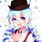  blue_hair blush demon_girl drill_hair elsword eyebrows_visible_through_hair fang happy_birthday hat heart luciela_r._sourcream luruko61 pointy_ears purple_eyes smile star star-shaped_pupils symbol symbol-shaped_pupils 