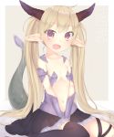  :d artist_name asymmetrical_legwear bangs between_legs black_legwear black_skirt blush breasts brown_background collarbone commentary_request dragon_girl dragon_horns dragon_tail eyebrows_visible_through_hair fang frilled_skirt frills hair_between_eyes hand_between_legs highres horns isekai_maou_to_shoukan_shoujo_dorei_majutsu krebskrum light_brown_hair long_hair looking_at_viewer navel open_mouth pointy_ears red_eyes revealing_clothes single_thighhigh sitting skirt small_breasts smile solo tail tail_raised thighhighs twintails two-tone_background usagimiko very_long_hair wariza white_background 