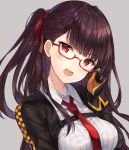  bangs bespectacled black_gloves black_jacket blush braid breasts brown_hair collared_shirt commentary eyebrows_visible_through_hair framed_breasts girls_frontline glasses gloves grey_background hair_ribbon hand_up head_tilt hitsukuya jacket long_hair long_sleeves looking_at_viewer medium_breasts necktie one_side_up open_mouth red-framed_eyewear red_eyes red_neckwear red_ribbon ribbon romaji_commentary round_teeth semi-rimless_eyewear shirt simple_background solo teeth under-rim_eyewear upper_teeth very_long_hair wa2000_(girls_frontline) white_shirt 