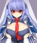  :&lt; asamura_hiori azur_lane bangs between_breasts breast_grab breasts commentary_request essex_(azur_lane) frown grabbing hair_ornament highres huge_breasts jacket long_hair looking_at_viewer necktie necktie_between_breasts pov purple_hair shaded_face simple_background solo_focus twintails upper_body yellow_eyes 