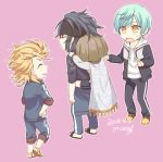  4boys aqua_hair artist_name bandana blonde_hair brown_hair cape carrying closed_eyes dated grey_hair hands_on_hips hood hoodie ichigo_hitofuri maeda_toushirou male_focus moegi_(honey_122) multiple_boys oodenta_mitsuyo open_mouth pants piggyback pink_background red_eyes sandals smile sohaya-no-tsurugi touken_ranbu track_pants yellow_eyes 